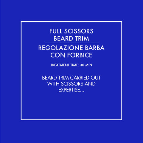 Beard trim carried out with scissors and expertise. The service includes pleasant warm cloths, an energizing face and beard wash and the application of a specific product for a bright and soft beard